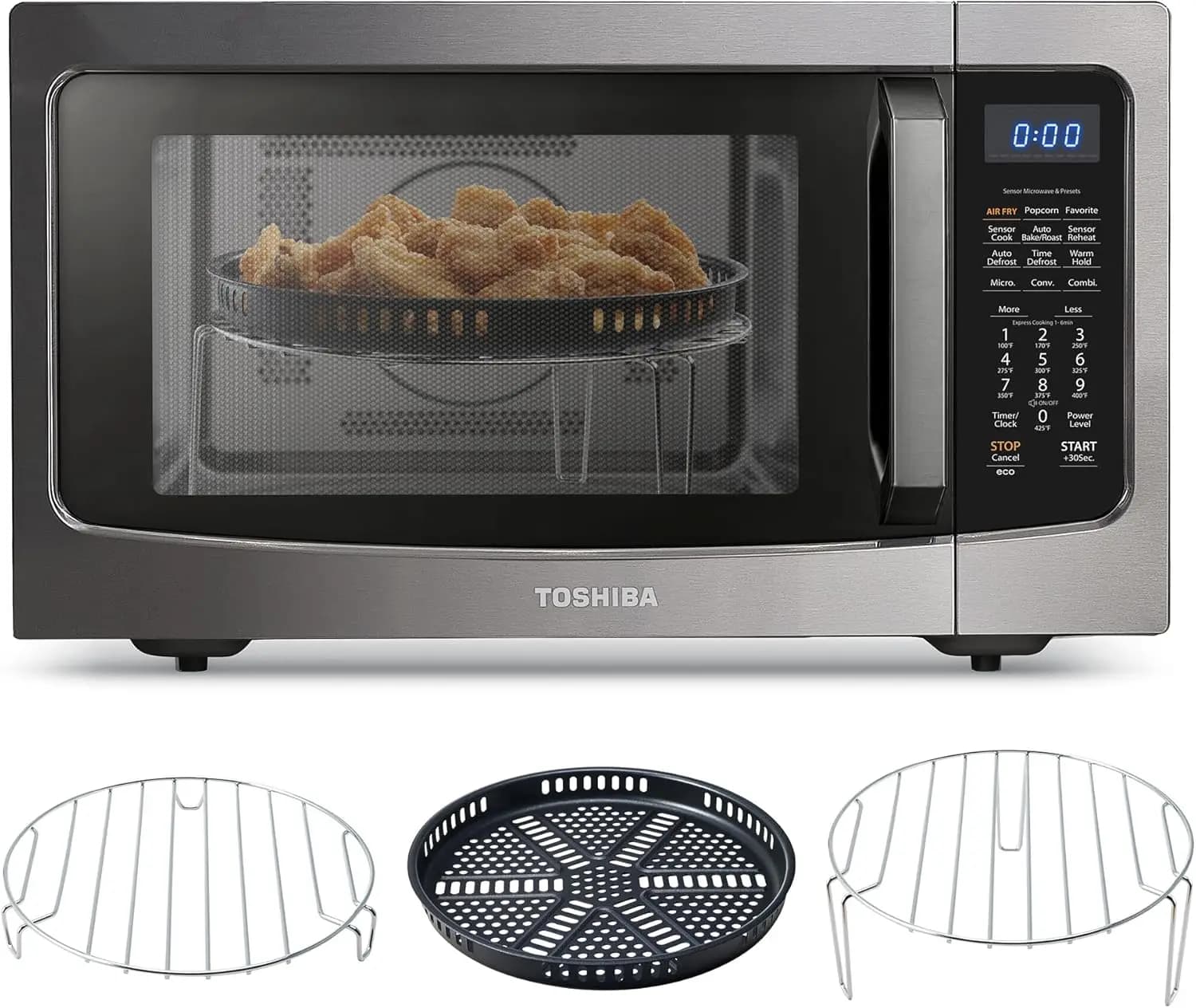 Forno a Microonde e Friggitrice ad Aria 4-in-1, 1.5 Cu Ft, 1000W, Convezione, Sensore Intelligente, Silenzioso, Memoria Posizione, Piatto Girevole, Nero