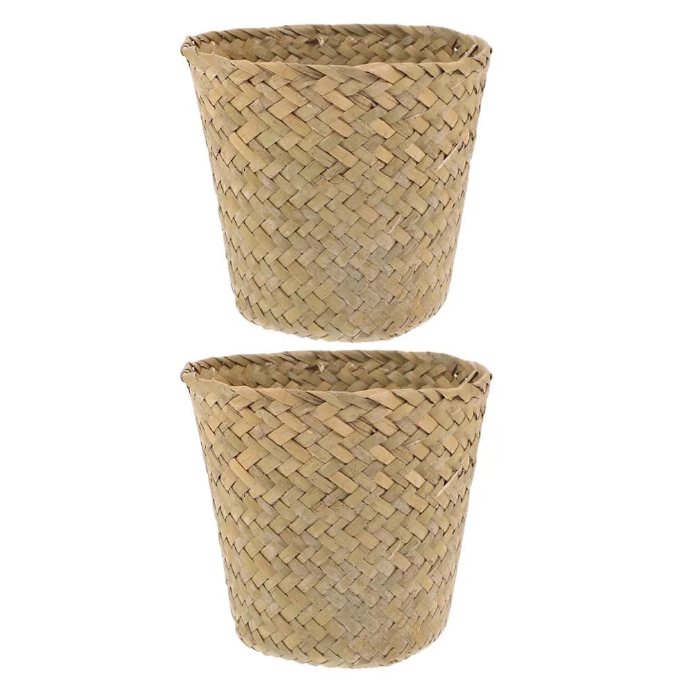 Set di 2 Cestini Portaoggetti in Paglia Intrecciata, Organizer da Scrivania Compatto per Cosmetici, Cancelleria, Oggetti Vari, Mini Cestino Rustico Boho per Camera da Letto