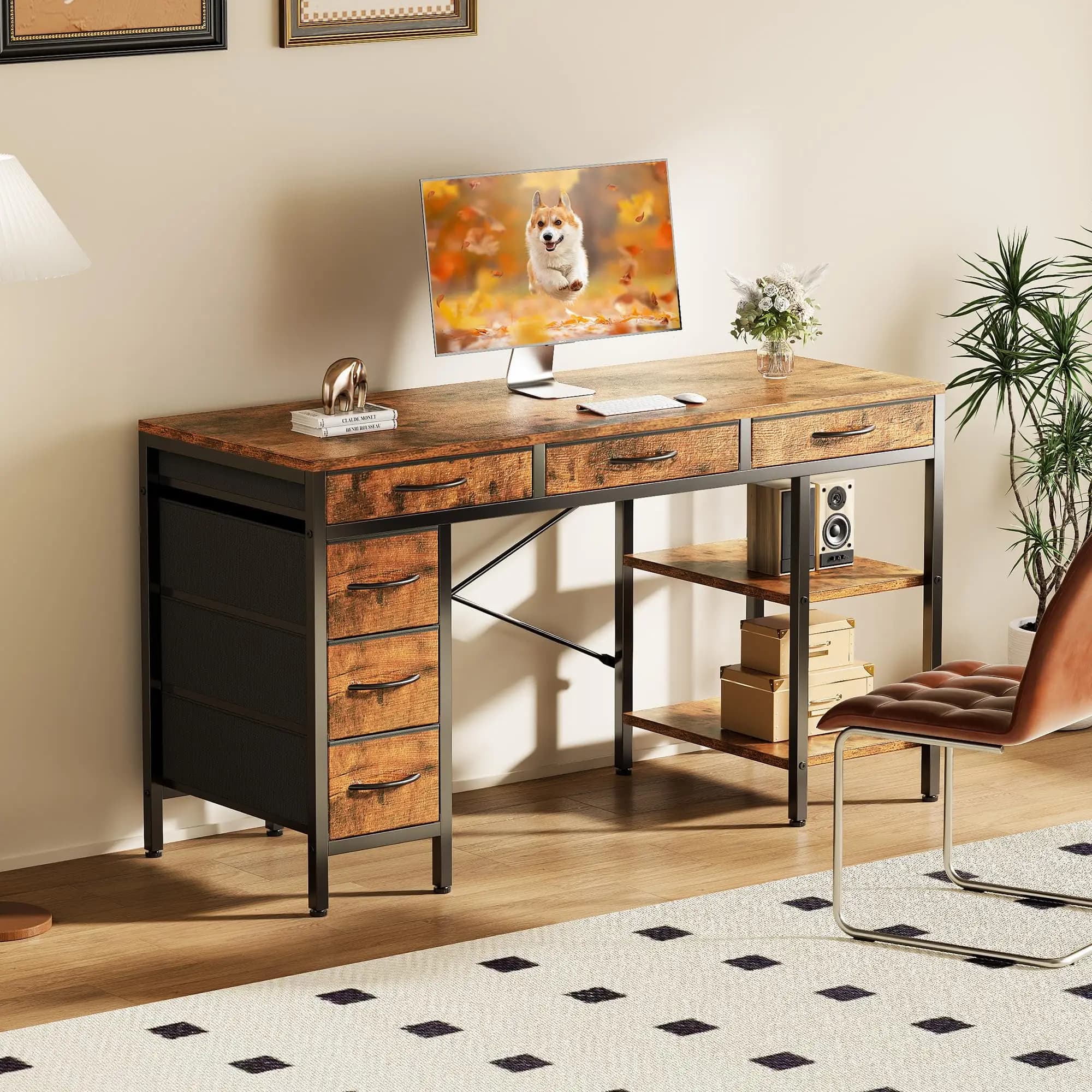 JHK Scrivania per computer da 55 pollici con 6 cassetti Tavolo da lavoro per soggiorno ad angolo per studio con ripiani per l'home office