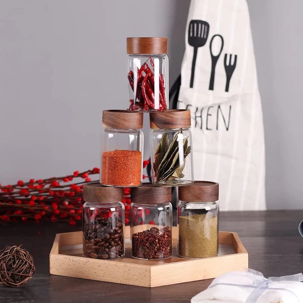 Airtight Glass Food Storage Jars with Acacia Wood Lids Screw Top Spice Jars for Kitchen Organization Jar Bottles Containers Set