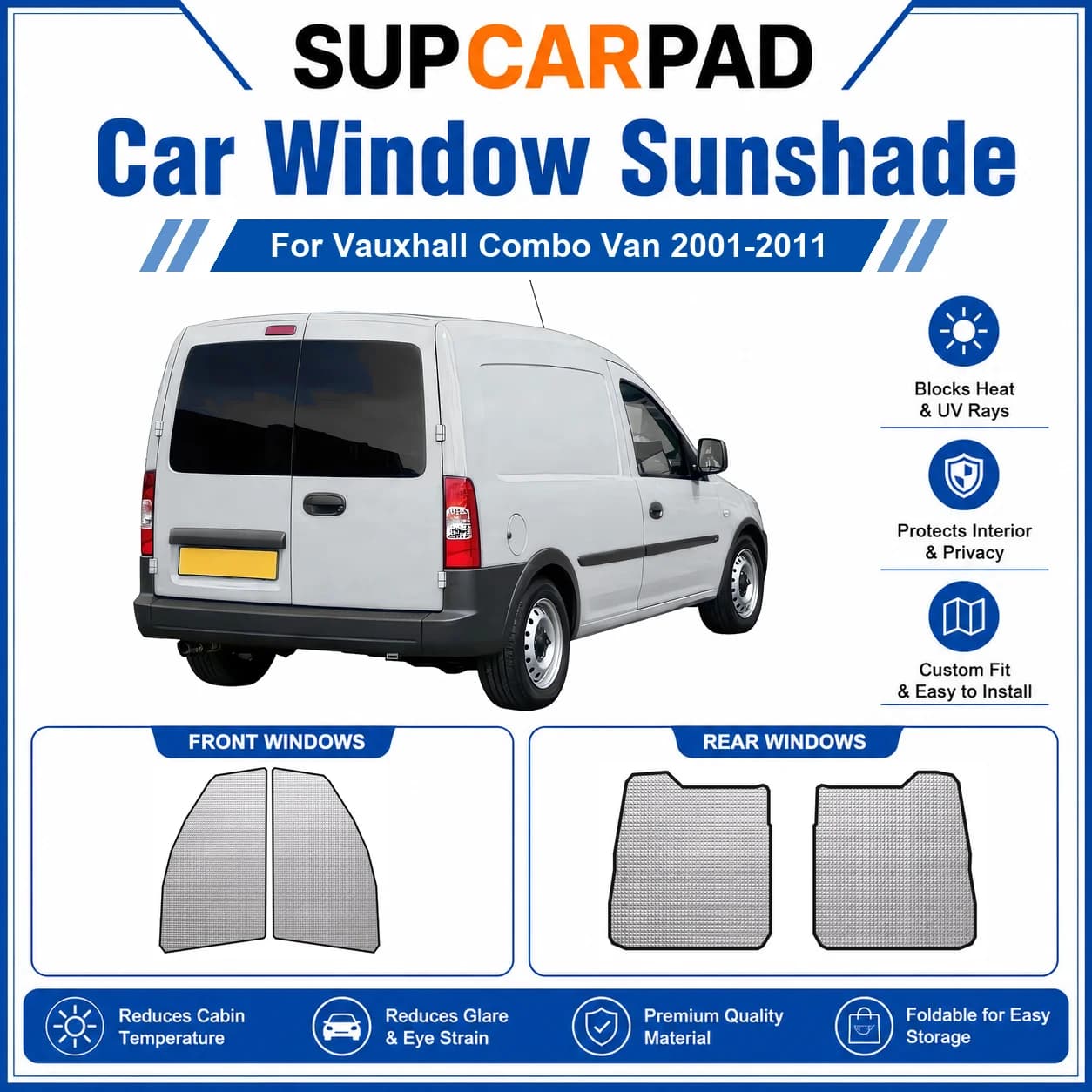 For Vauxhall - Vauxhall Combo Van 2001-2011 Full Set Car Window Sunshades UV Block Privacy Heat Insulated Foldable Car Curtain