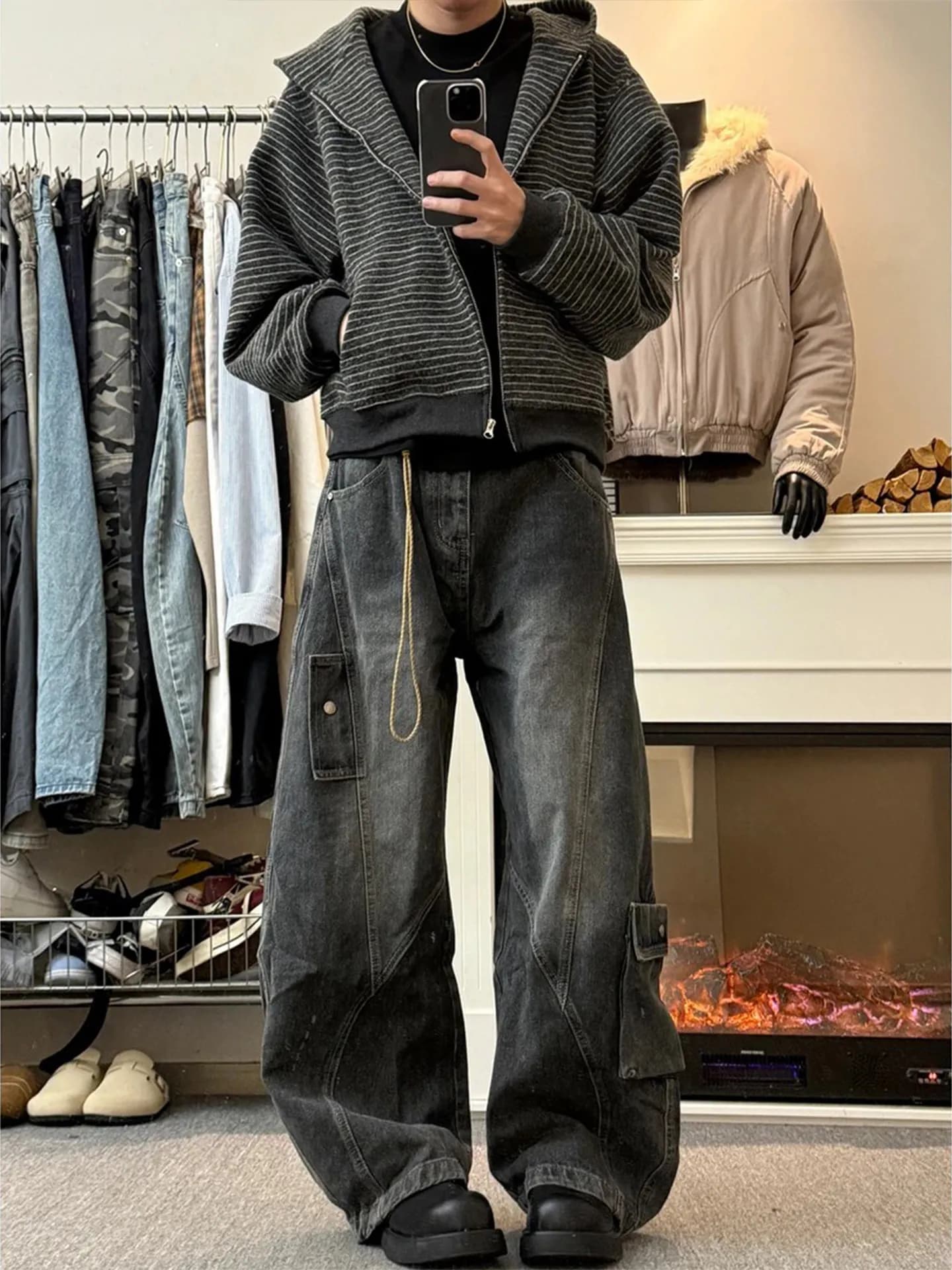 American Style Vintage Knife Wide Leg Loose Fit Workwear Jeans for Men Spring Autumn Multi Pocket Straight Loose Trousers
