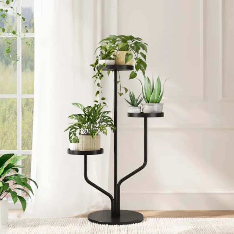 Support for 3 Level Plants, Metal Shelves for Interior and Exterior Plants, High Vase Door for Living Room and Bedroom