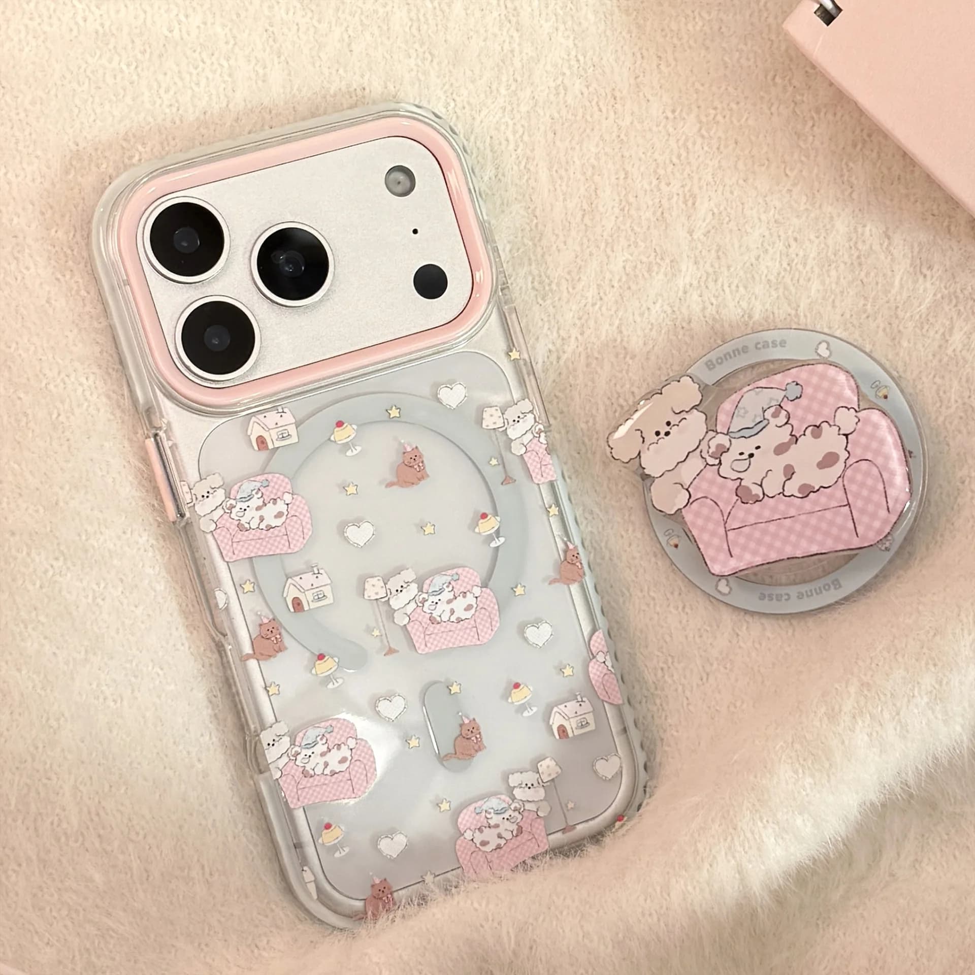 Custodia magnetica per telefono con supporto per cucciolo di divano rosa coreano per iPhone 17 16 15 14 13 12 Pro Max Cover morbida antiurto trasparente