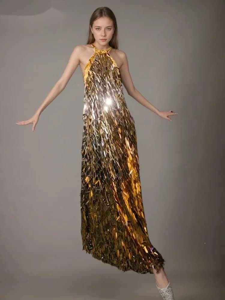 Abito alla moda con paillettes dorate, vestito da donna slim fit senza maniche, lunghezza alla caviglia, abiti da festa Summe H8LL