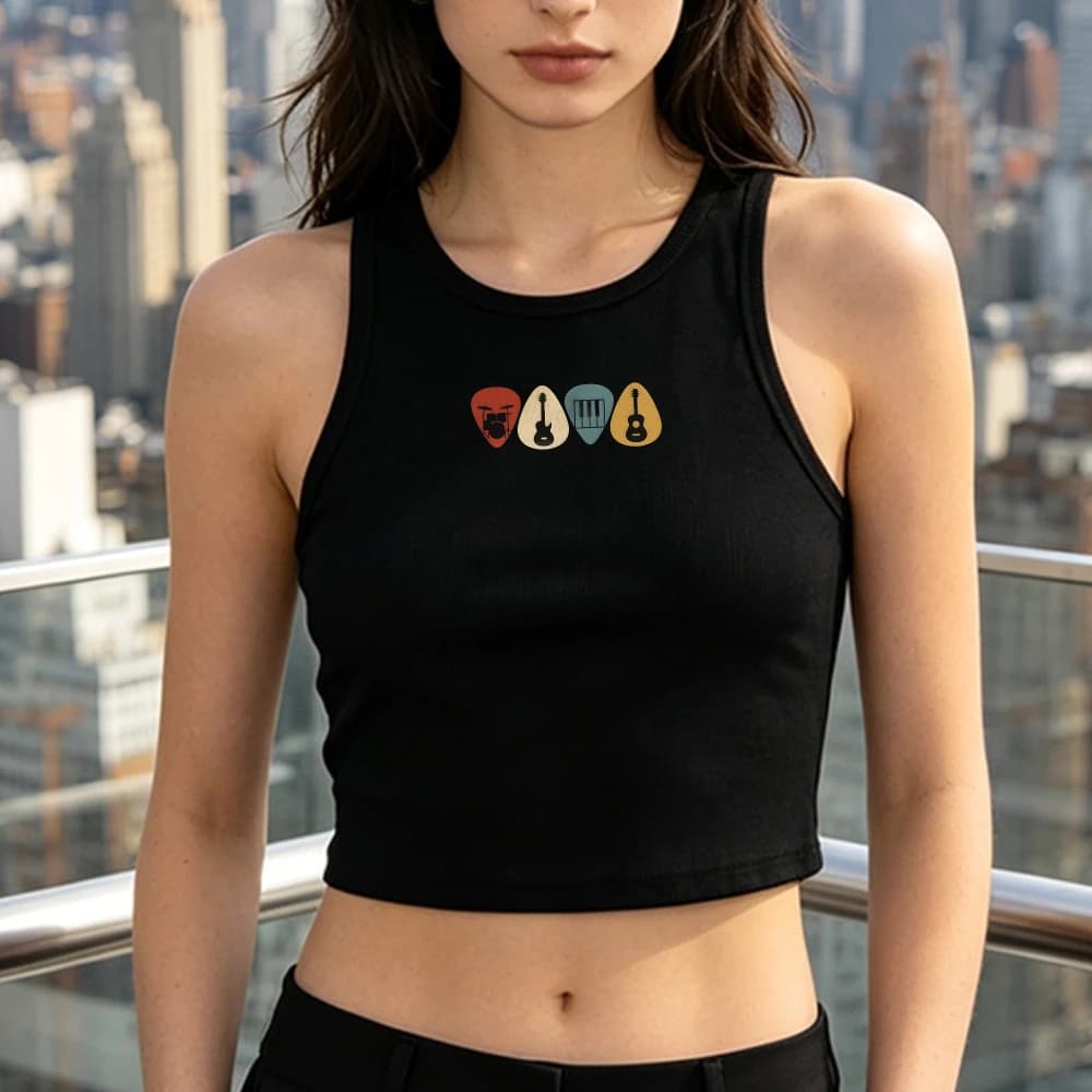 Guitar Pick Rock Band Instrument Graphic Women Ribbed Crop Tank Top Music Lover Casual Cropped Tank Top Sleeveless Slim Vest