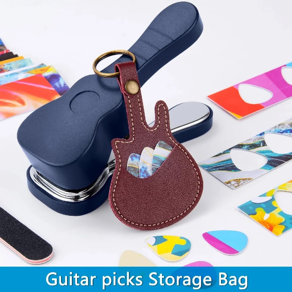 1SET Tool Kit DIY Custom Guitar Picks Maker with Leather Keychain Picks Holder & 15 Pick Strips and 1 Smoothing