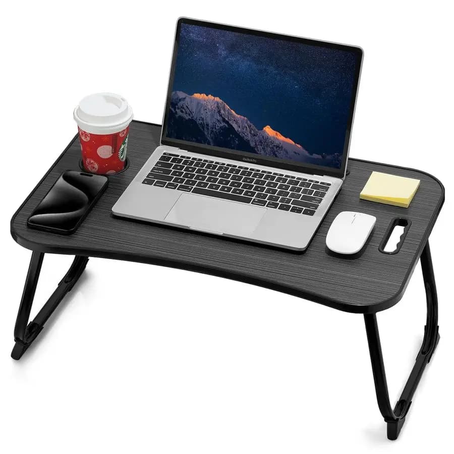 Scrivania da letto, scrivania pieghevole, tavolino portatile, supporto per laptop con portabicchieri, slot per tablet e maniglia di sollevamento per lavorare e scrivere