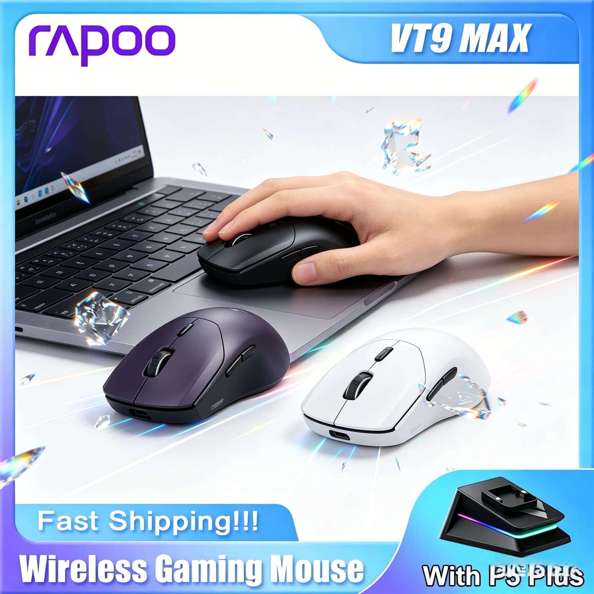 Mouse da gioco wireless Rapoo VT9 MAX GEN-2 per laptop e desktop, 53 g, leggero, con frequenza di polling di 8K