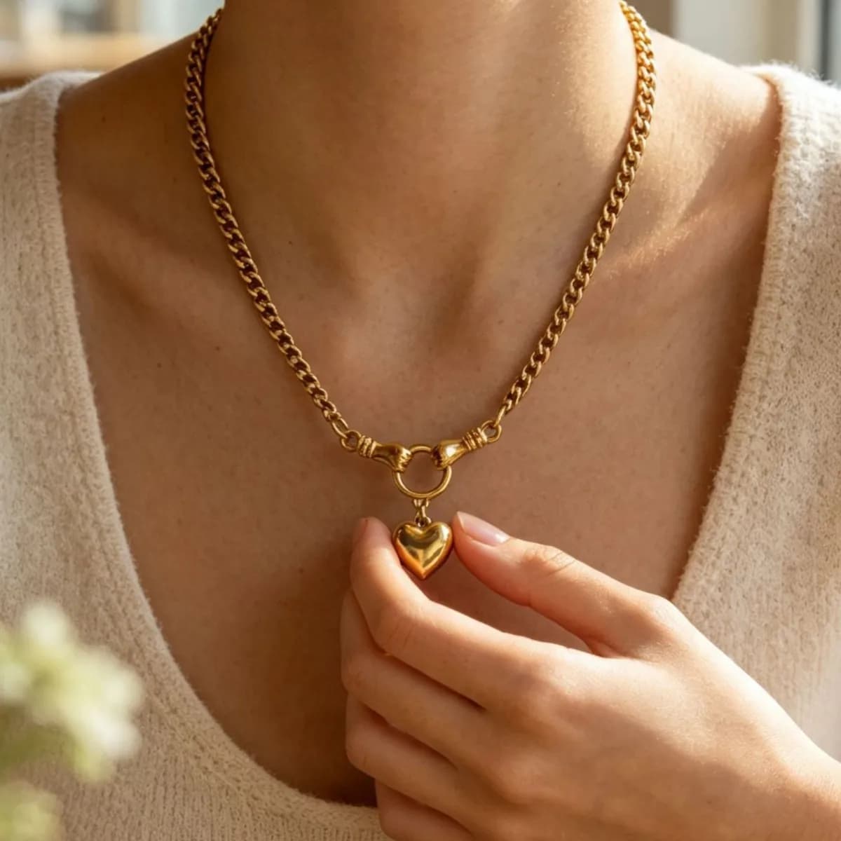 Cuban Link Chain Necklace Stainless Steel Heart Necklace Women Fashion 18K Gold Plated Jewelry