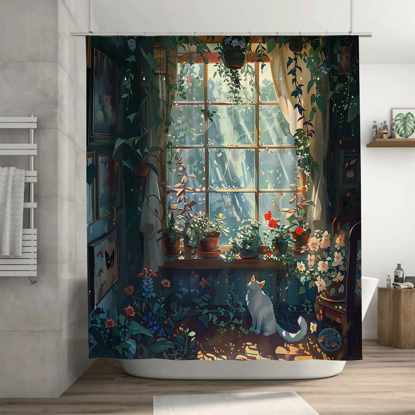 Incantevole finestra con vista Gatto e piante Tenda da doccia - Illustrazione artistica Decorazioni per la casa Facile da pulire e mantenere Facile da pulire