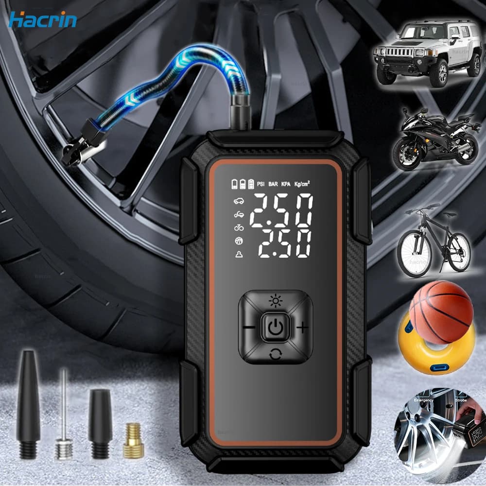 Compressore d'aria portatile wireless per auto, gonfiatore pneumatici con illuminazione per auto, moto, biciclette, gonfiatore elettrico per pneumatici