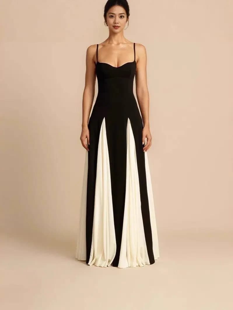 Abito Estivo da Donna Sexy e Aderente con Contrasto di Colore, Top a Canotta a Vita Alta e Gonna Lunga a Trapezio