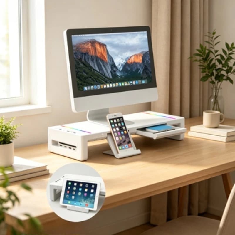 Office Monitor Stand RGB Light Desktop Screen Support Organizer Multifunctional Laptop Holder Computer Display Storage Shelf