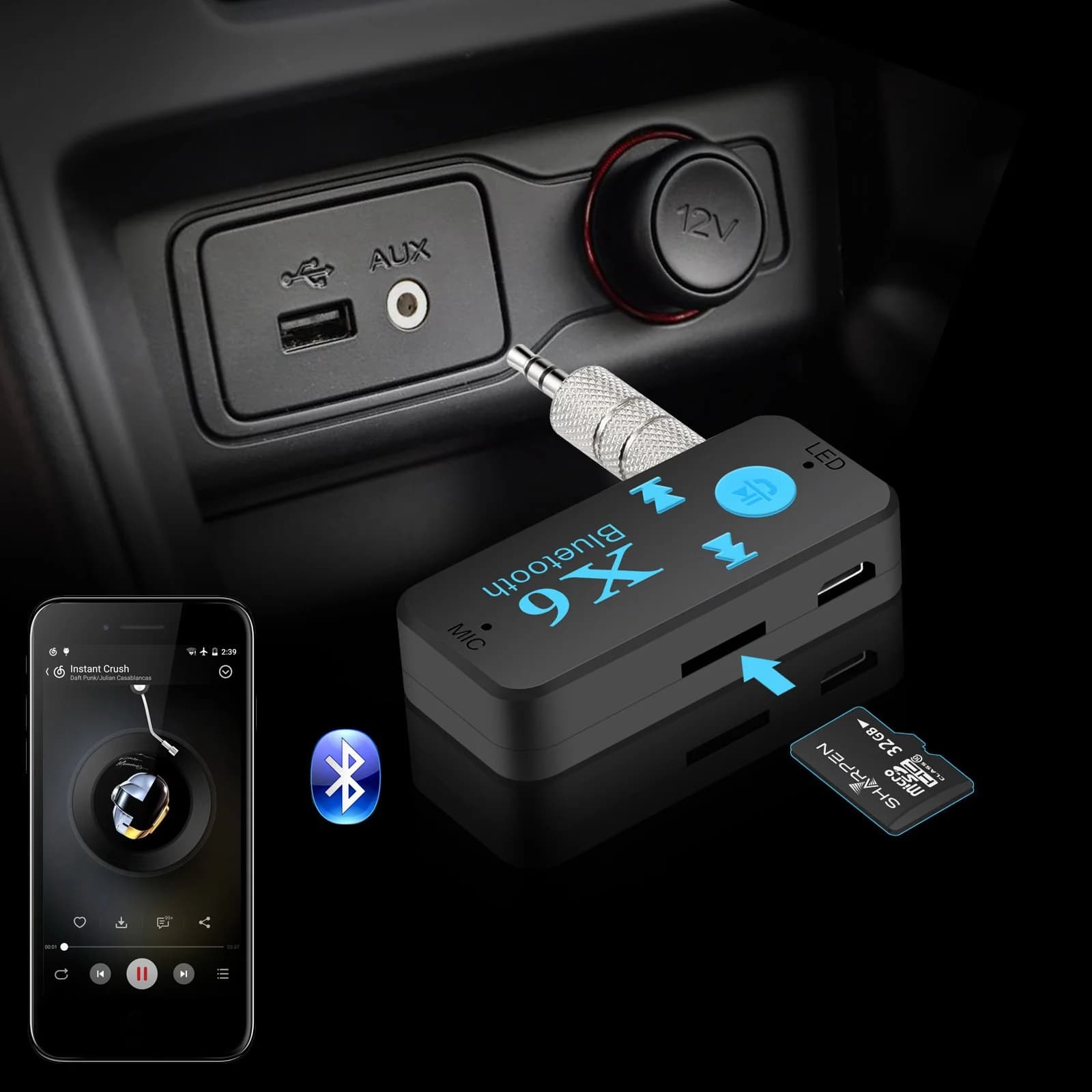 ABIK-X6 Adattatore Bluetooth 4.0 wireless 3 in 1 Ricevitore Bluetooth USB Lettore di schede TF audio da 3,5 mm Supporto per chiamate MIC per auto e casa