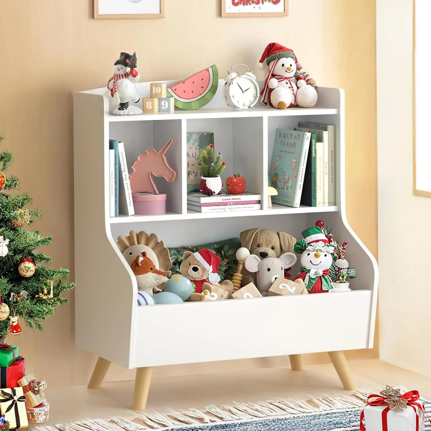 Organizer per riporre i giocattoli con libreria per bambini in legno a 3 livelli con spaziosa ripiano superiore, bianco