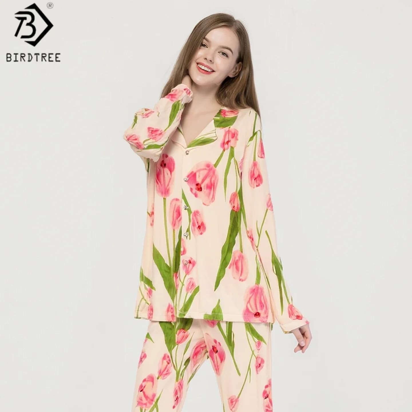 BirdTree, 25% Silk 75% Viscose Pajamas Set, Full Sleeve, Women Printed Lapel Homewear Casual Clothes, 2026 Spring New P64133JF
