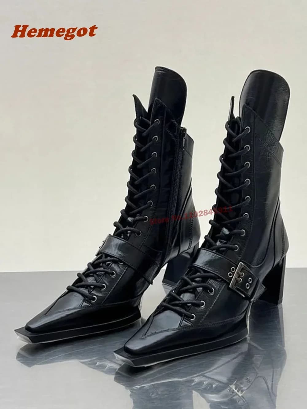 Belt buckle Black ankle boots Square toe Solid women's boots crossed Winter Spring 2024 Newest casual shoes Solid thick heel