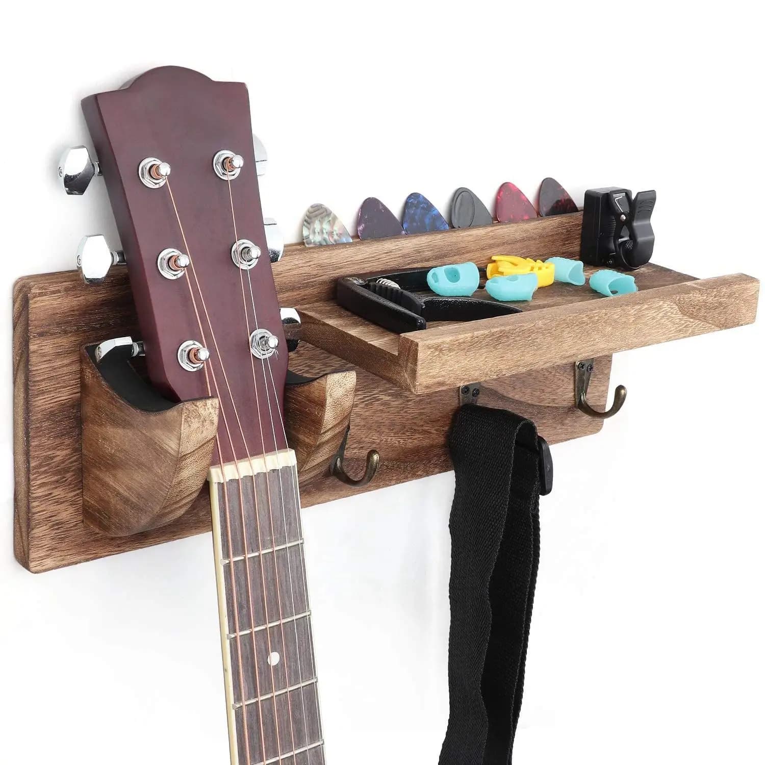 Supporto da Parete per Chitarra in Legno con Portaplettro e 3 Ganci - Spedizione Immediata
