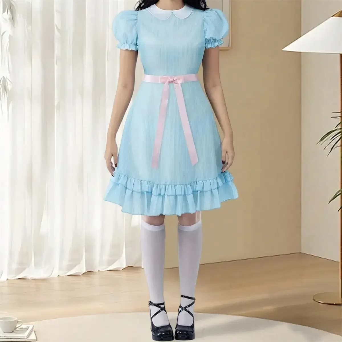 Womens Halloween Costume Dress Decorative Bow Ruffled Trim Doll Collar Short Sleeve Cosplay Dress