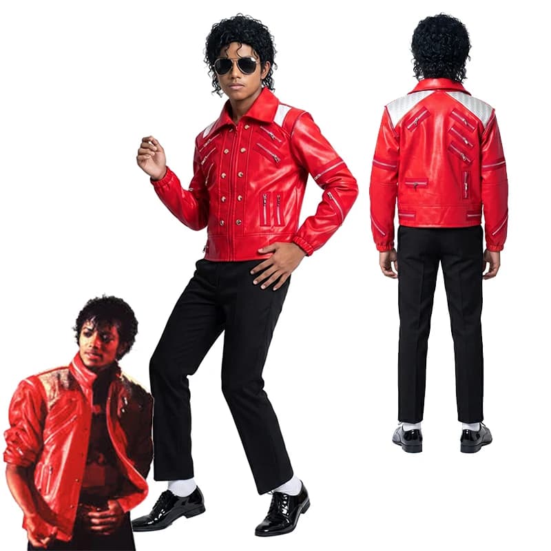 Costume da Rockstar Anni '80 MJ per Halloween, Giacca in Pelle Rossa Stile Michael Jackson Beat It per Ragazzi