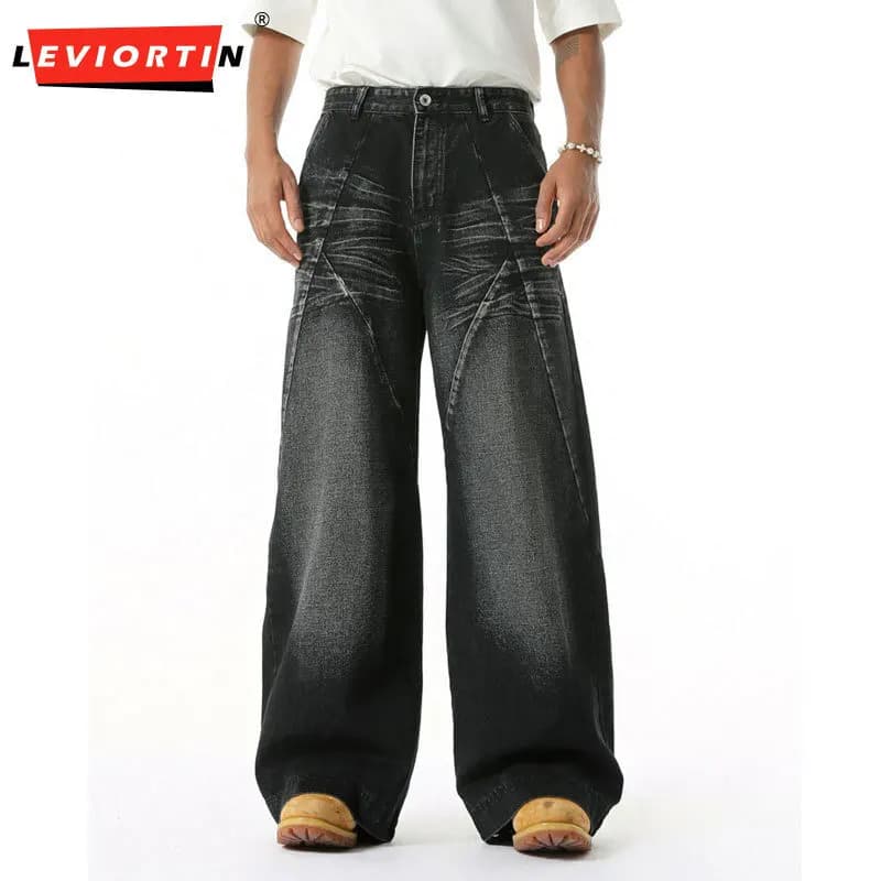 Jeans da uomo a gamba dritta con motivo baffo di gatto lavato stile street americano, larghi, casual, versatili, con giunzione tridimensionale