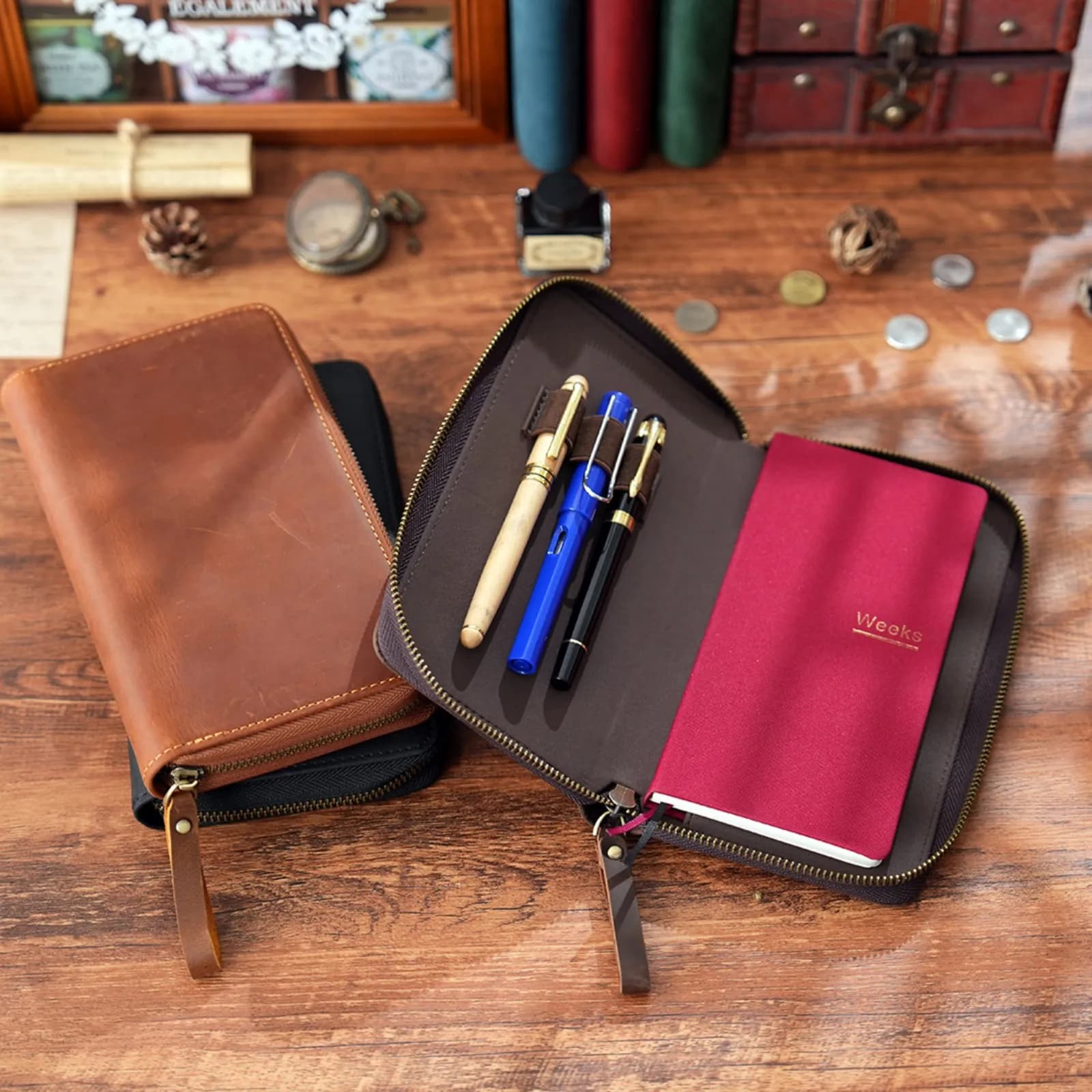 Genuine Leather Zip Cover For Hobonichi Weeks/ Weeks Mega Notebooks Journal - with 3 Pen Slots, Creative Planner Stationery