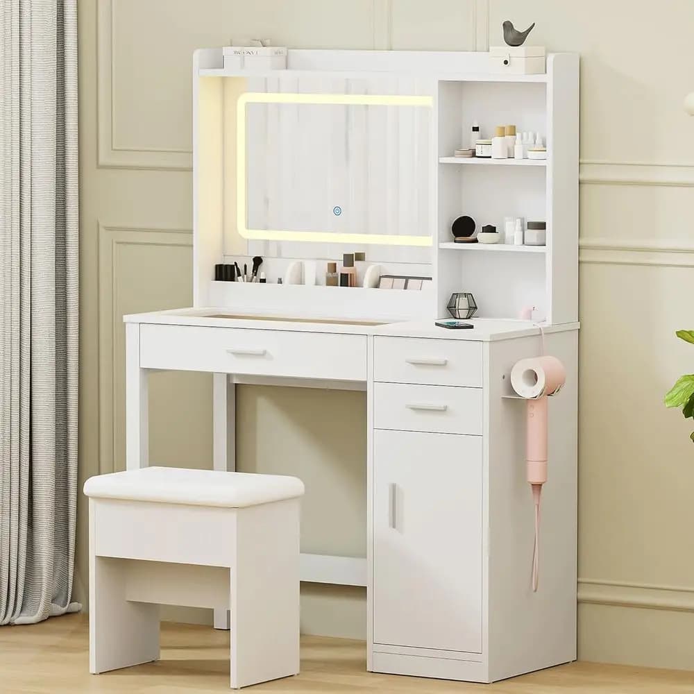Toeletta con piano in vetro illuminato a LED, porta asciugacapelli e presa di corrente, per trucco, camera da letto per ragazze, bianca