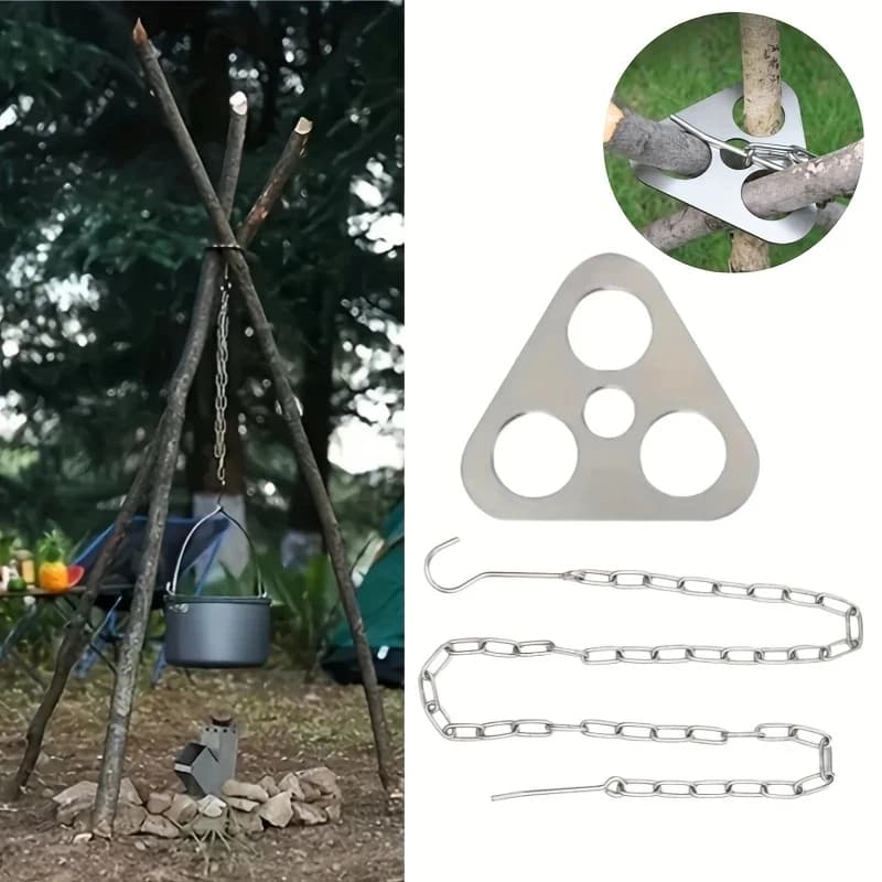 Supporto per pentola da campeggio a treppiede con borsa portaoggetti in pelle, gancio per barbecue, catena regolabile in lunghezza, anello per treppiede per campeggio e picnic