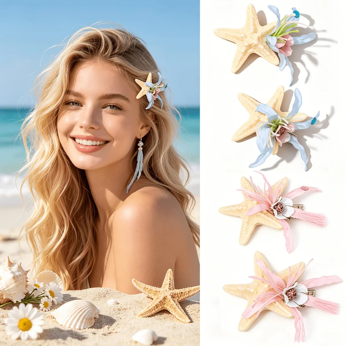 Two starfish hair clips decorated with floral rhinestones. These beach-style hair accessories are perfect for summer vacations, beach parties and birthday gifts.