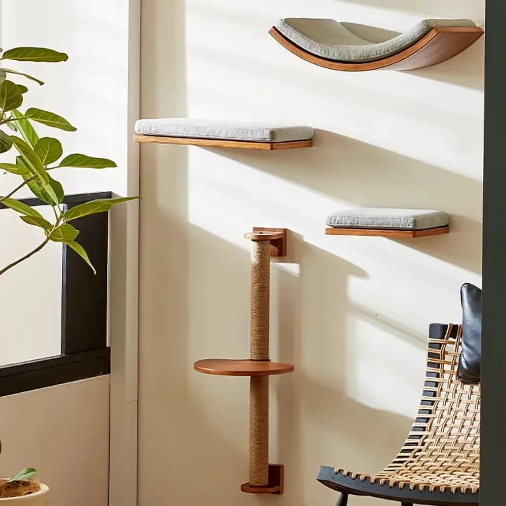 Wall Mount Cat Furniture Natural Wood Floating Cat Shelves Indoor Kitten Climbing Rest Perch Space Saving Pet Wall Activity Set