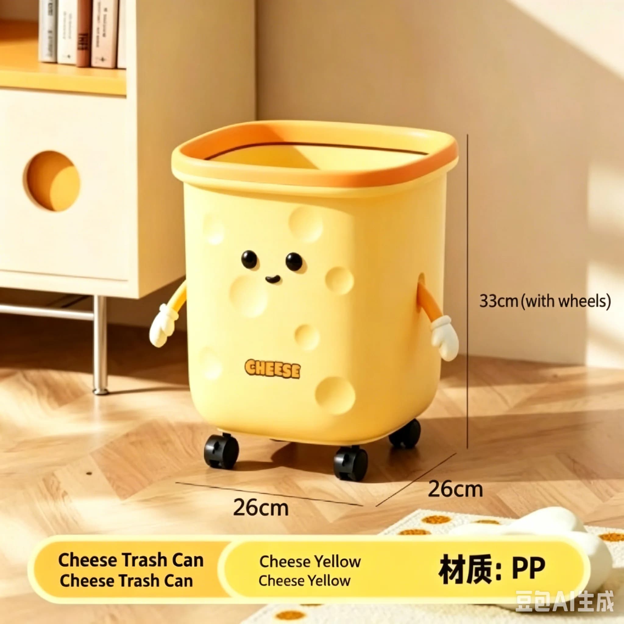 Cream Style Rolling Trash Can Large Capacity with Press Ring