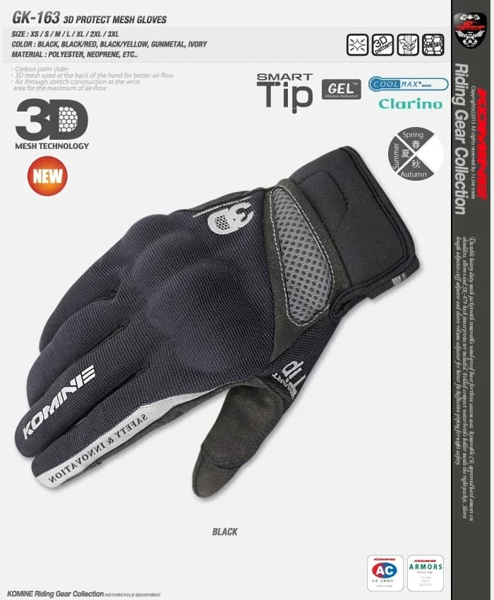 Komine GK 163 Summer 3D Mesh Protective Motorcycle Gloves Motocross Motorbike Glove