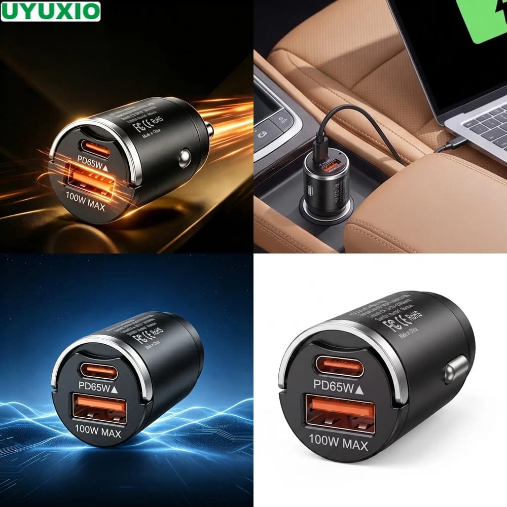 165W Compact Metal Car Charger with 65W USB C and 100W USB A Outputs for Mobile Devices and Laptops Durable Zinc Alloy Mini Body
