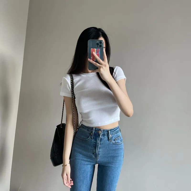 Summer Women's Slim Fit Short Sleeve T-Shirt Belly Button Baring Hot Girl Base Layer White Top Korean Style round Neck