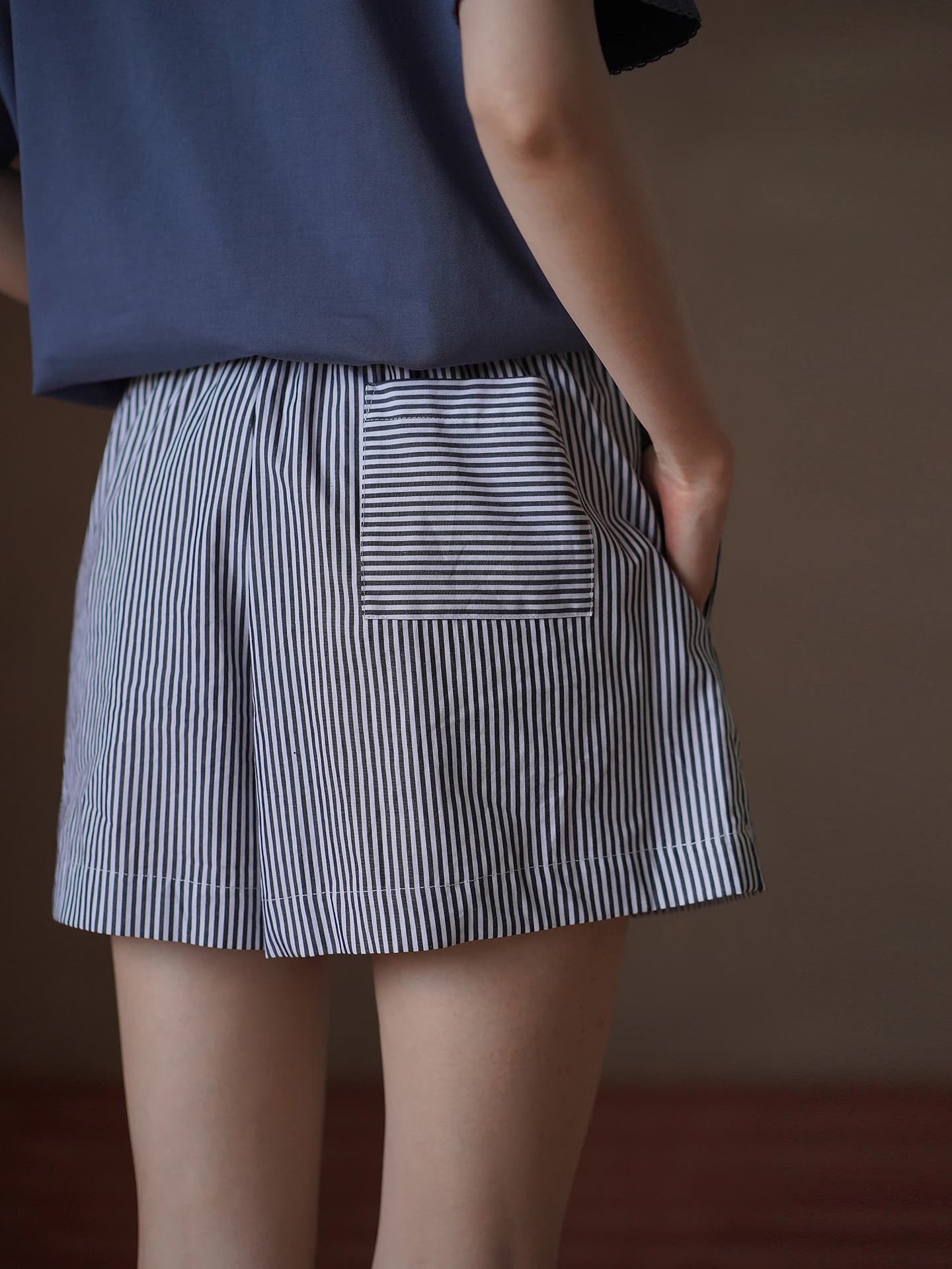 Hacikis Miss High Waist Elastic Cotton Shorts Casual Stripe Pattern Breathable Comfortable Beach Style Women's Straight Leg P...