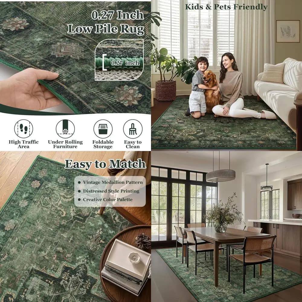Vintage 6x9 dark green medallion mats for living spaces, soft low-haired carpets for bedrooms, non-slip washable carpets for Din