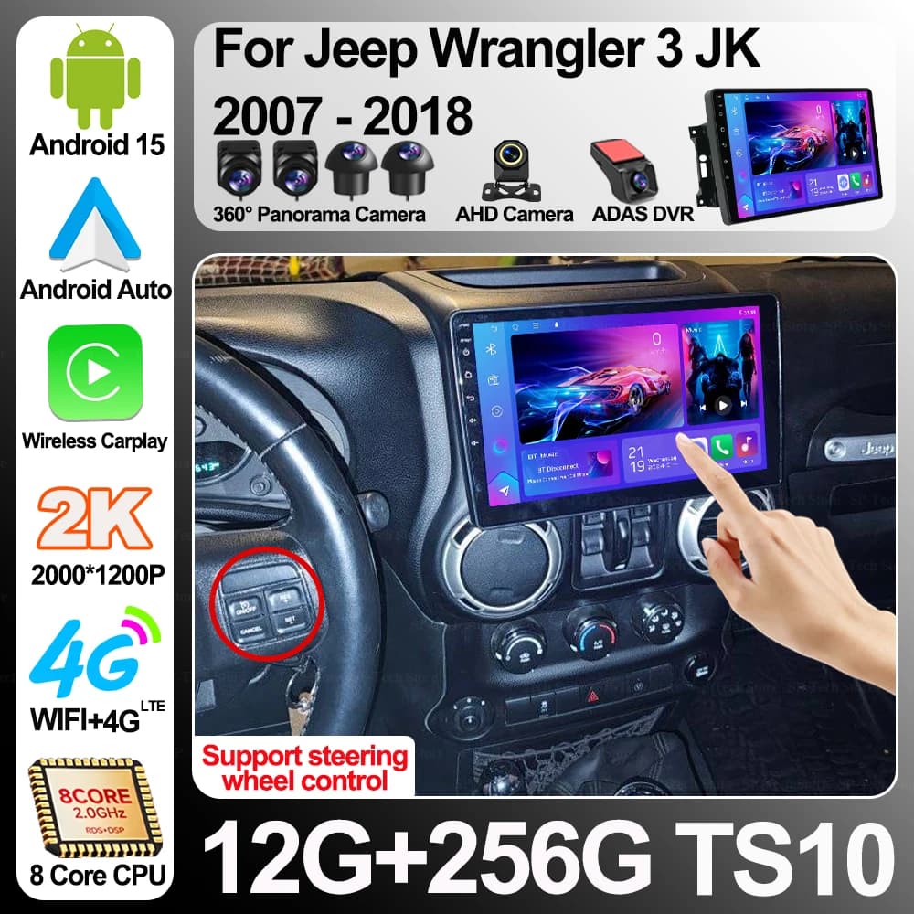 Autoradio Android 16 per Jeep Wrangler 3 JK 2007-2018 con Carplay Wireless, GPS, Navigazione Multimediale, Schermo e Wi-Fi 5G