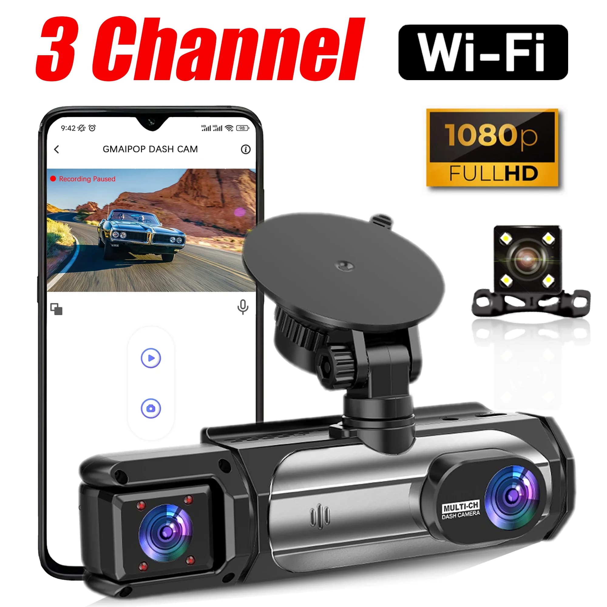 Dash Cam 3 Canali Car Black Box WiFi DVR HD 1080P Video Integrated and rear front camera with night vision IR car accessories