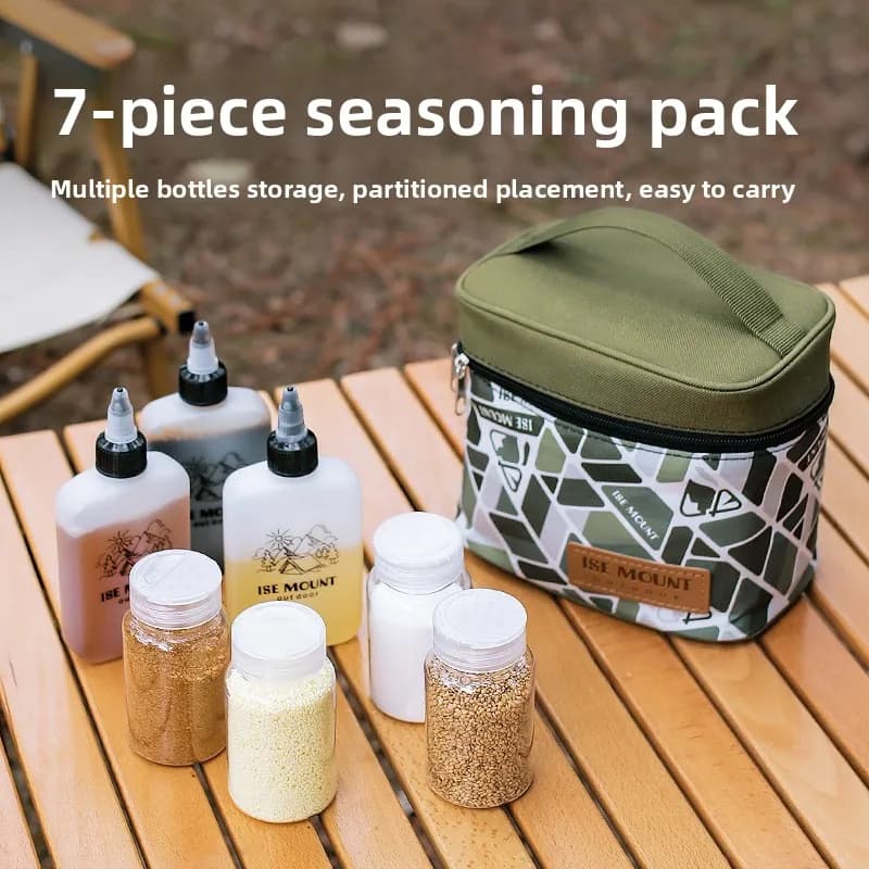 Borsa portaoggetti per condimenti da esterno Set da 7 pezzi Borsa portaoggetti per bottiglie di condimento da campeggio Set di barattoli per condimenti Borsa cosmetica portatile