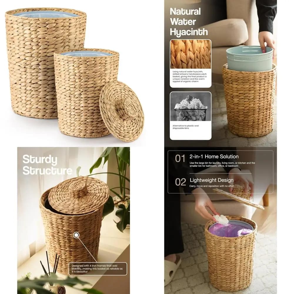 Bidoni della spazzatura in vimini con coperchi - Set di 2 per il bagno - Cestini per rifiuti in giacinto d'acqua - Bidoni della spazzatura da bagno da 2 galloni con coperchi