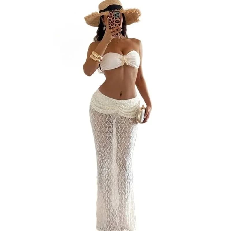 Lusso scava fuori Starfish Resort Set Abito a due pezzi Costumi da bagno Costume da bagno a due pezzi con gonna Gonna lunga in pizzo da donna Set 2025 Nuovo