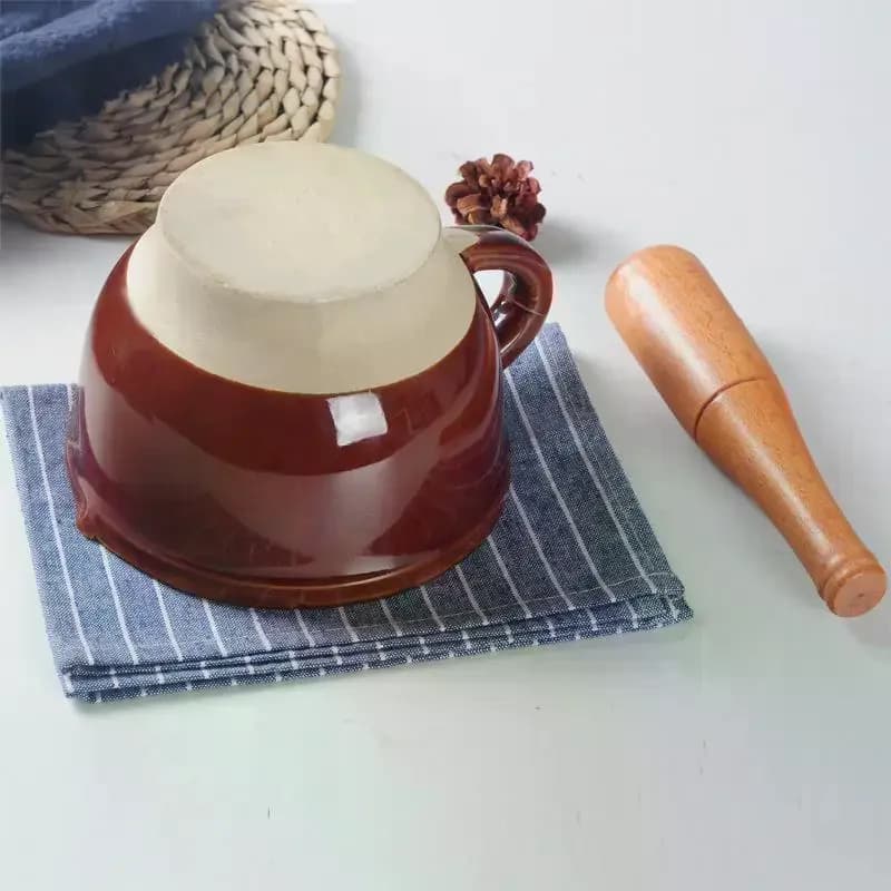 Mortar And Pestle Set With Natural Wood Pestle Non Slip Base Perfect For Kitchen Grinding Spices Herbs Garlic Ceramic