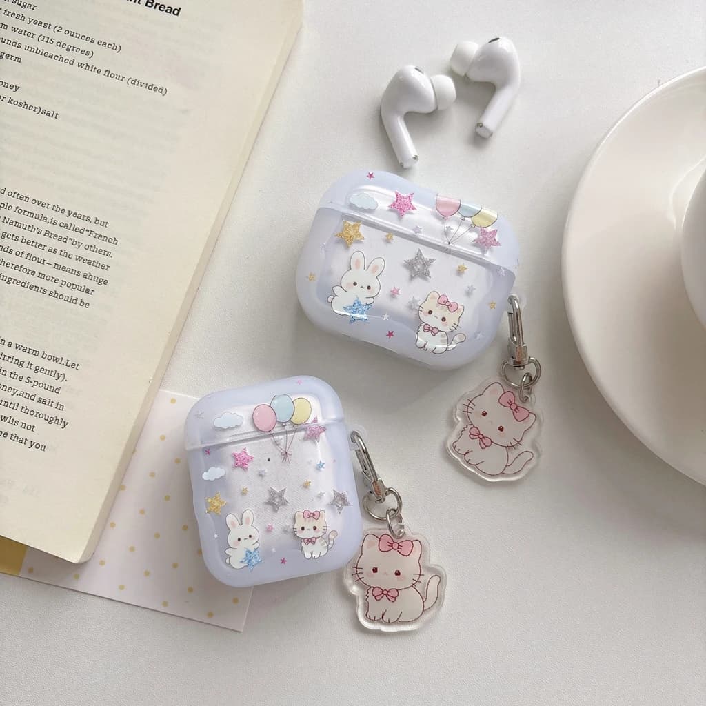 Custodia Protettiva Antiurto Semi-trasparente con Pendente a Forma di Gatto, Coniglio e Palloncini Stellati per AirPods 1 o 2 3 4 Pro 2 Pro 3