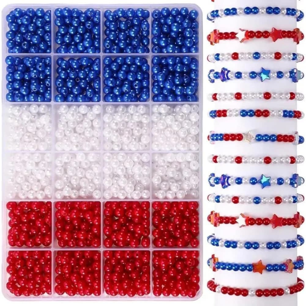 1205 pezzi da 6 mm, colori rosso, bianco e blu. Utilizzato per la creazione di gioielli, braccialetti fai da te, collane, perline decorative e per feste. par