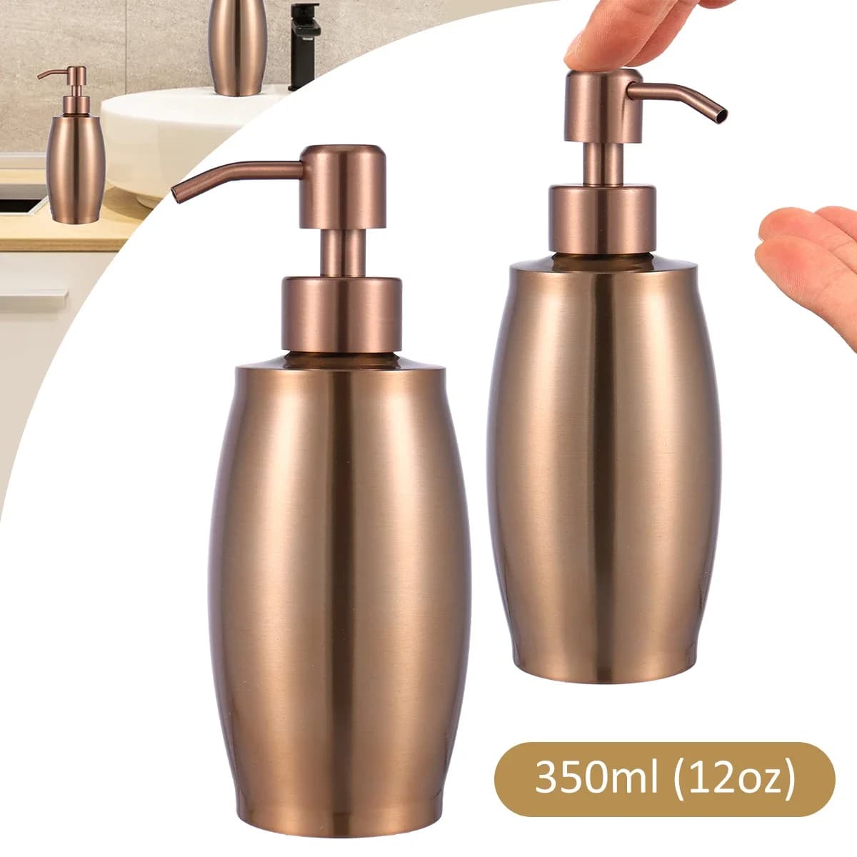 Dispenser per Sapone in Acciaio Inox 304 da 350ML, Bottiglia Ricaricabile per Shampoo, Erogatore per Liquido Lavamani
