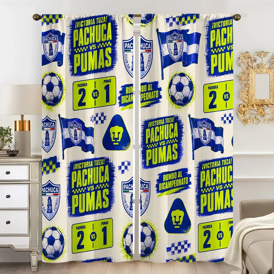 2PCS Curtains, All-over Repeat Print With Graffiti Style Pachuca VS Pumas Football Elements Including Team Crests, Flags, Soccer