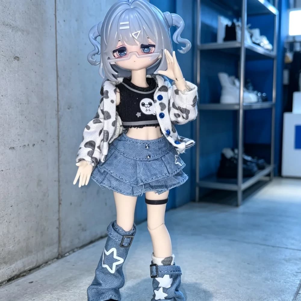 1/12 BJD Doll Clothes Cow Spot Print Coat Crop Top&Double Layer Denim Skirt Spice Girls Set with Leg Warmer Socks/Plush Headband