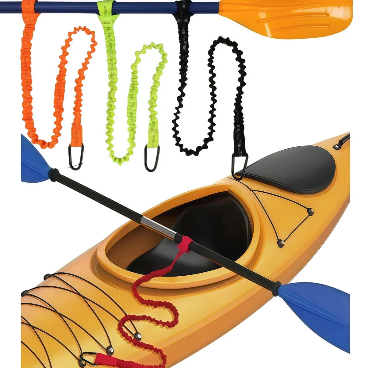 Reflective elastic kayak paddle straps - safety hooks, coiling ropes, fishing rod anti-loss ropes