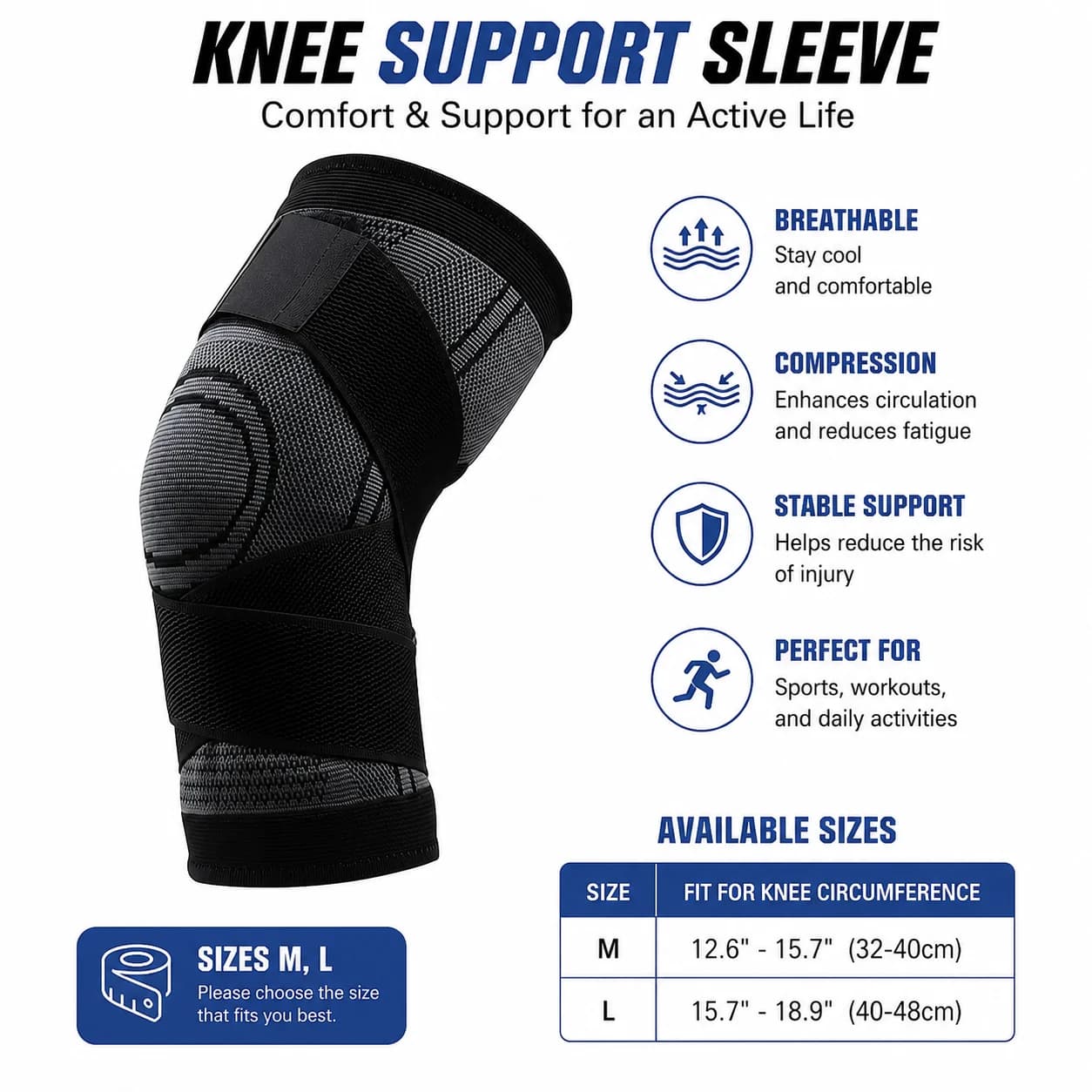 Adjustable Knee Support Sleeve, Compression Knee Brace with Straps for Running, Basketball, Gym, Sports, Workout, Sizes M and L